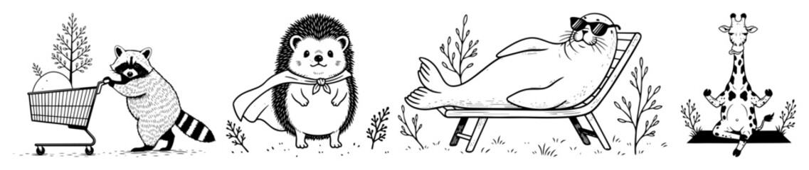 funny cartoon animals doing human activities vector set