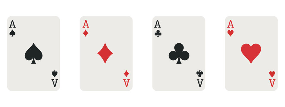Set of all four suits of aces playing cards including hearts, diamonds, clubs and spades in vector, perfect for poker illustrations, casino graphics, card game designs, and gambling artwork projects.