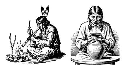 native american people making pottery and playing flute vintage illustration set © Aisha Kudorova