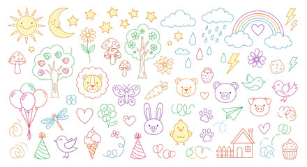 Fototapeta premium Cute Doodled Kids Icons Set for Nursery Decor Scrapbooking Party Invitations Coloring Pages Fun