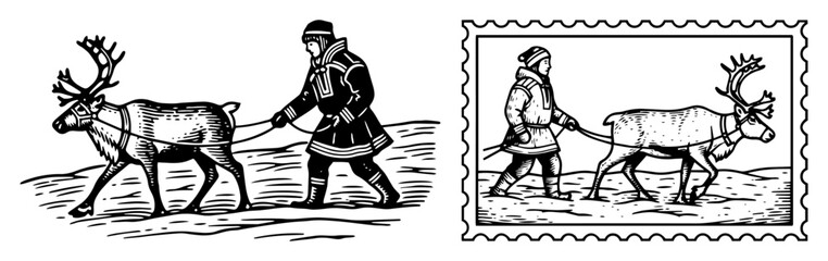 arctic native person with reindeer vintage postage stamp illustration