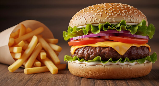 Deliciously stacked gourmet cheeseburger with fresh lettuce tomato onion and a side of golden french fries - Powered by Adobe