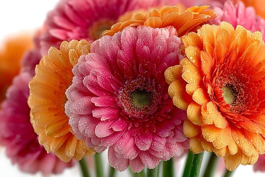 Close up of vibrant pink and orange gerbera daisies with water droplets Keywords: gerbera daisy