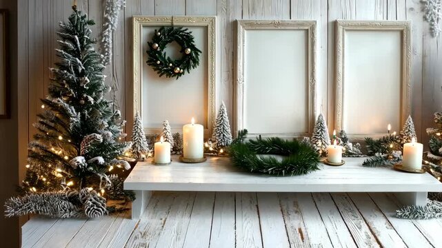 Shelves adorned with greenery, candles, and elegant frames create a warm and inviting holiday setting for gatherings