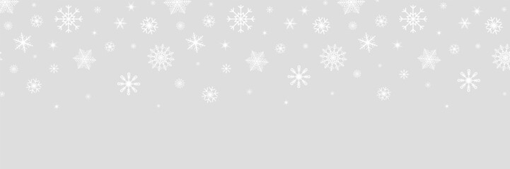 Christmas snowflake gray banner. White snowflakes frame. Happy Holiday card. Hello winter border. Color snowfall frame. Flying confetti. Celebration design. Vector illustration