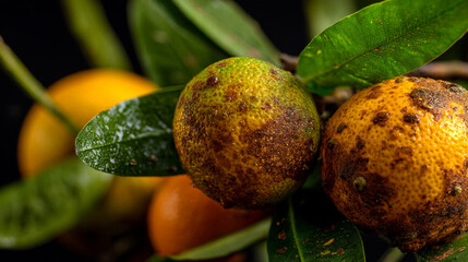 A close up of citrus fruits on a branch with visible damage and green leaves against dark background