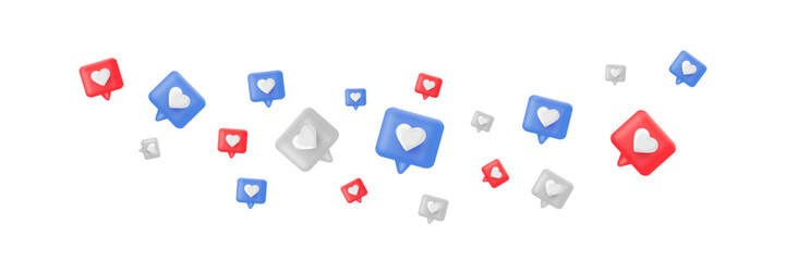 3D heart like icons in red, blue, and white flying background. Live stream wave. Perfect for social media, love banner. Falling marketing button. Vector Illustration