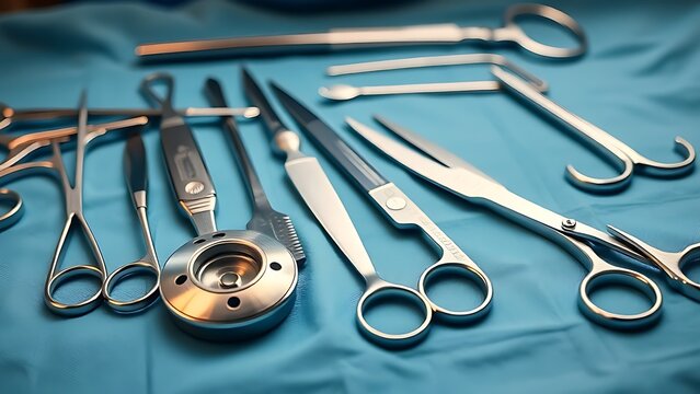 forceps. Precision surgical tools neatly arranged on a sterile blue cloth, showcasing metallic details. STEM education sheets.