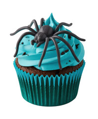 Teal frosted cupcake with spider decoration isolated on a transparent background