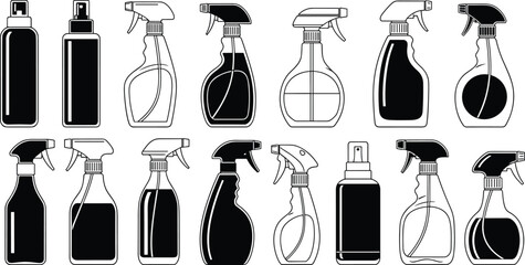 Vector illustration of cleaning spray bottles, trigger sprayer and pump containers, household detergent chemical packaging set, black silhouette, isolated icons, flat style, line art design