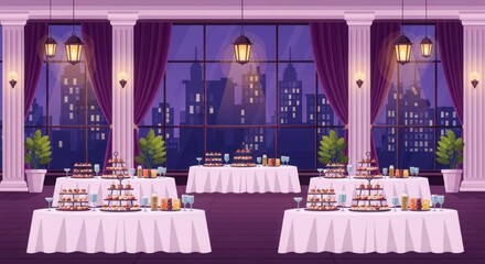 Elegant ballroom reception with lavish dining tables and romantic ambiance