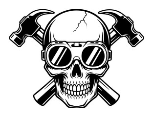 skull with goggles and crossed hammers logo
