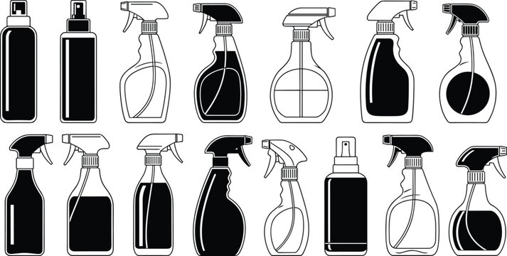 Vector illustration of cleaning spray bottles, trigger sprayer and pump containers, household detergent chemical packaging set, black silhouette, isolated icons, flat style, line art design