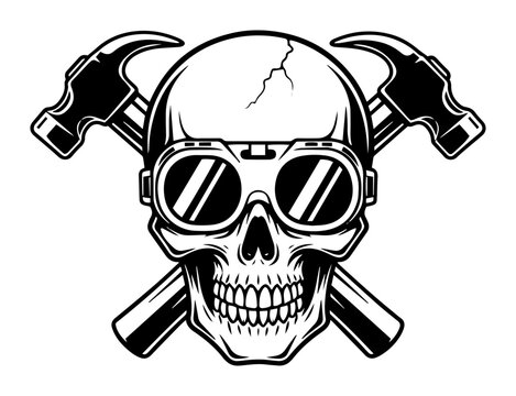 skull with goggles and crossed hammers logo