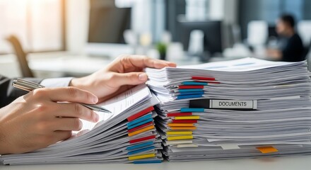 Hands sorting through stacks of documents with colorful binders