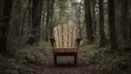 wooden chairs are on a lush dirt path and the silence of the forest
