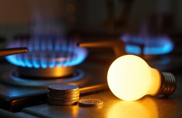 Glowing light bulb sits near lit gas stove burners with coins on kitchen counter. Rising energy costs affect household budgets. Home expenses increase with utility bills. Inflation impacts daily