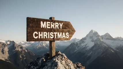 "Merry Christmas" Sign on Snowy Mountain Top