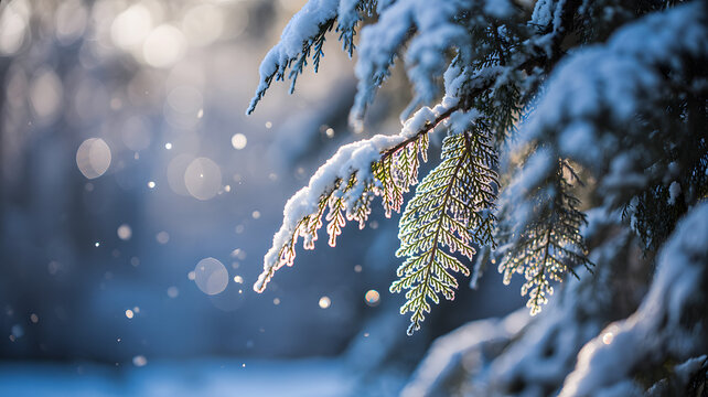 Snow covered pine tree branch with winter sunlight and snowfall - Powered by Adobe