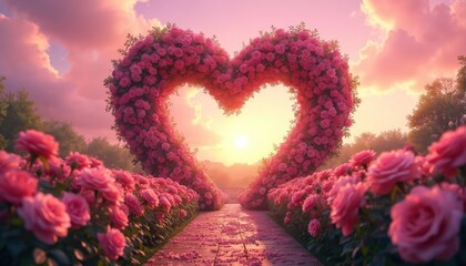 Naklejka premium Rose garden forms heart shape archway. Pink roses bloom pathway at sunset. Sunlight filters through clouds, creating magical, romantic atmosphere. Lush green trees border scene.