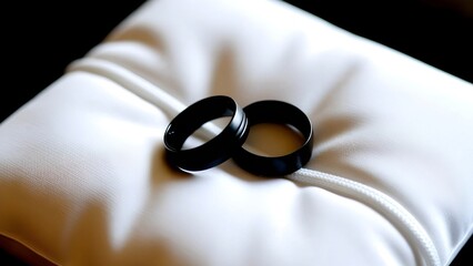 A Pair of Black Wedding Rings on a White Pillow
