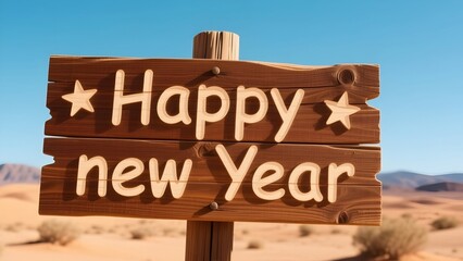 Wooden sign with "Happy New Year" written under bright blue sky and barren desert landscape