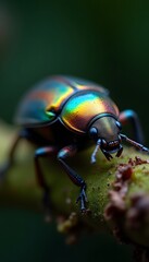 Fototapeta premium Close-up of a magnificent rainbow-colored beetle showcasing its metallic, iridescent carapace on a green plant stem