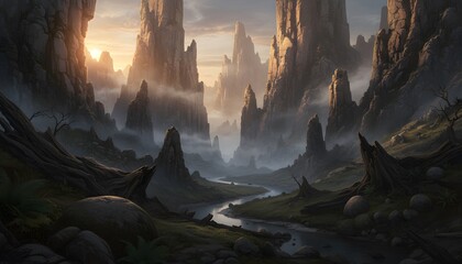 Prehistoric rocky landscape at sunrise with fog