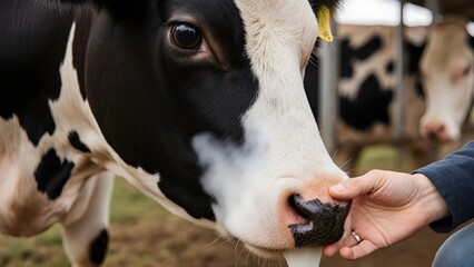 black and white dairy cows being touched by human hands in a farm environment