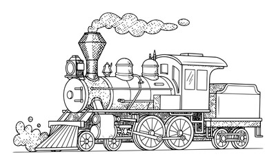 Old Steam Locomotive Train in a Hand Drawn Sketch Style. Vintage Vector Illustration.