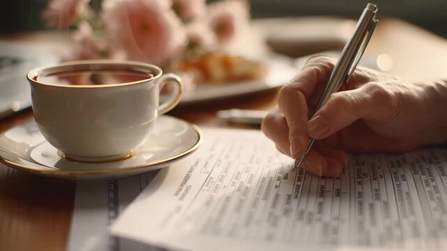 Filling freelance income tax form with pen near cup of tea and coffee on wooden table with blurred flowers creating calm focused work atmosphere