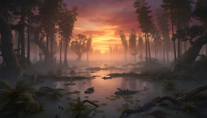 Prehistoric swamp with giant reeds and sunset light