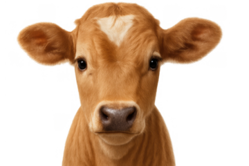 Adorable baby calf with heart shape on forehead looking directly at camera, isolated on transparent background
