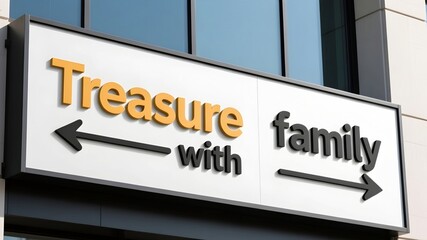 A modern signboard featuring the inspirational message "Treasure with family"