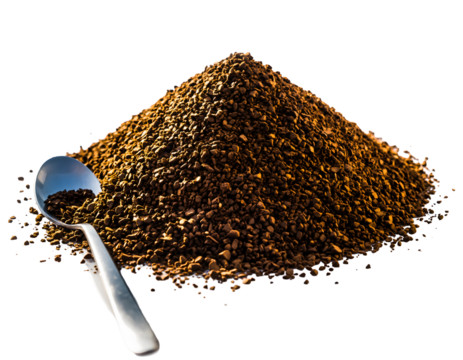 Pile of Roasted Coffee Grounds with Spoon Isolated, Ideal for Brewing, Culinary, and Coffee Concepts