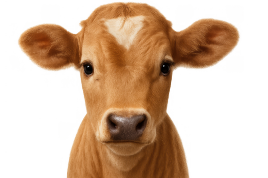 Adorable baby calf with heart shape on forehead looking directly at camera, isolated on transparent background