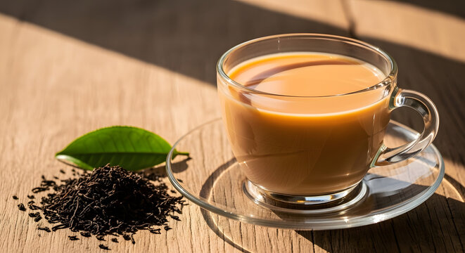 Refreshing cup of creamy chai tea with loose tea leaves and a fresh green leaf on a rustic wooden surface