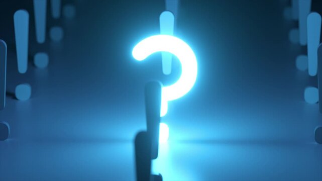 Large, luminous blue question mark shining brightly among a field of dark exclamation marks, representing the concept of a central problem, a critical inquiry, or a significant challenge