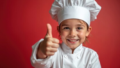 Child chef in white uniform gives thumbs up with happy smile against red background. Kid dreams of culinary career or enjoys cooking class. Young talent ready to cook.