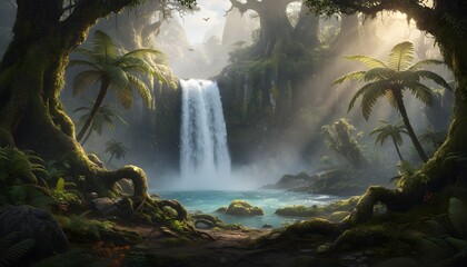 Prehistoric waterfall surrounded by giant ferns