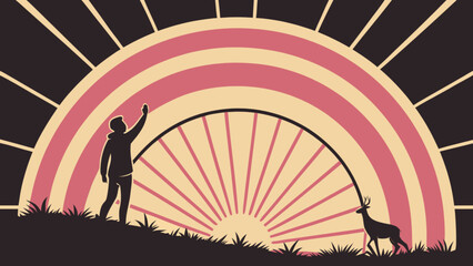Silhouette of a person reaching towards a rainbow with a deer in a vintage style landscape