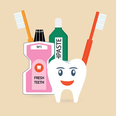 Smiling Tooth with Dental Care Products, ideal for dental clinics, orthodontics, oral care services, healthcare branding, logos, educational materials, and professional medical presentations.