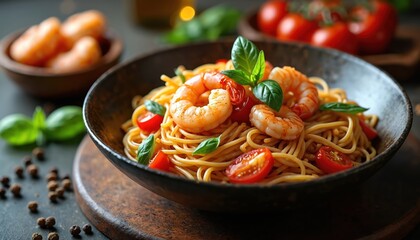 Shrimp pasta dish served in a dark bowl with cherry tomatoes and fresh basil garnish. Ingredients mixed with noodles and sauce. Delicious seafood meal presented beautifully.