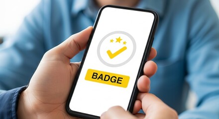 Person holding smartphone showing a digital badge achievement on screen