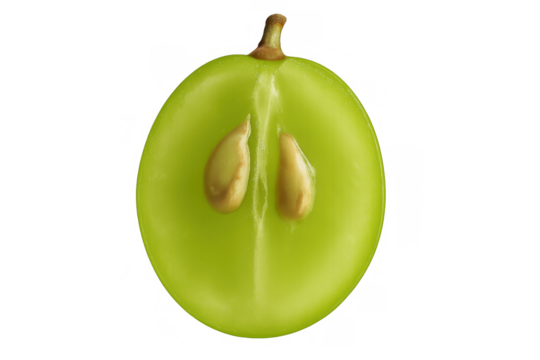 Green grape half showing pulp, seeds, and stem, fresh fruit cross section for healthy eating concept