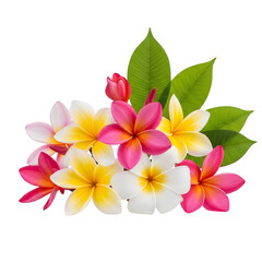 Fototapeta premium Bouquet of plumeria flowers and green leaves isolated on white isolated on transparent background