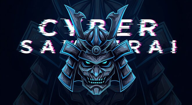 A digital illustration of a cyber samurai with glitch text overlay on a dark blue background design art