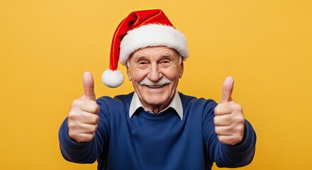 A joyful senior man, adorned in a festive santa hat, radiates pure happiness as he enthusiastically gives a double thumbs-up against a vibrant yellow backdrop.  