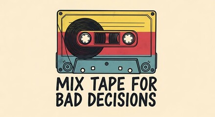 A vintage style illustration of a cassette tape with the phrase mix tape for bad decisions below it