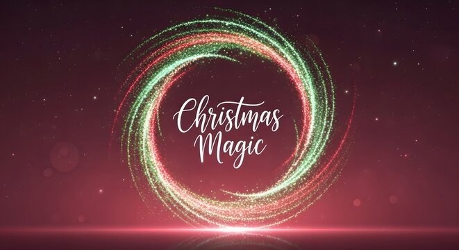 Festive christmas magic swirling light portal with sparkling particles and bokeh effect on a dark red background - Powered by Adobe